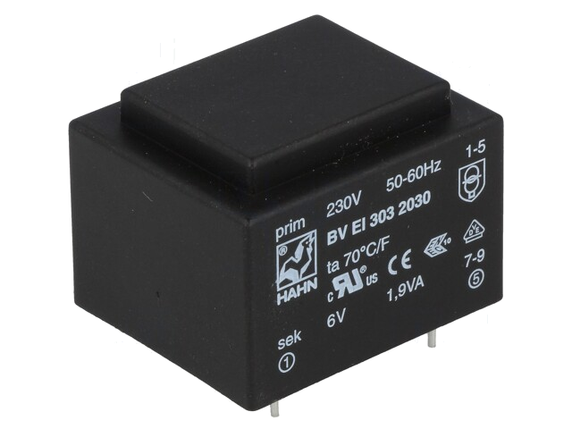 Transformator: ingegoten; 1,9VA; 230VAC; 6V; 316mA; PCB; BVEI Transformator: ingegoten; 1,9VA; 230VAC; 6V; 316mA; PCB; BVEI
